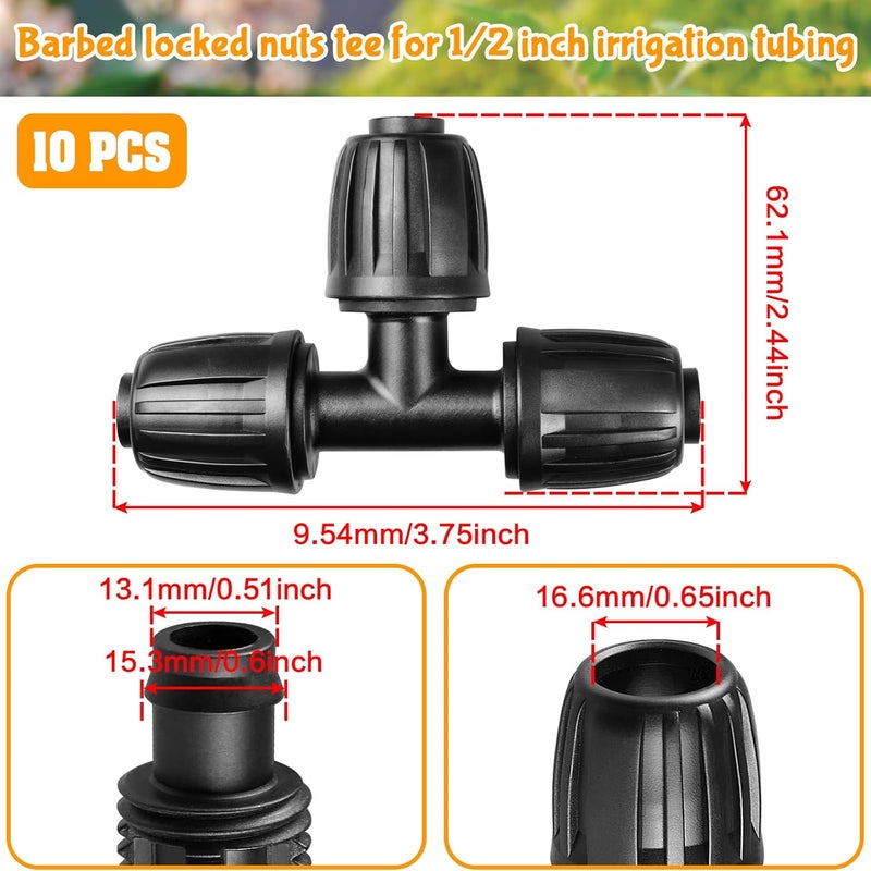 Gardrip Drip Irrigation Fittings for 1/2 Inch Drip Tubing (1/2" ID x 0.65" OD)：1/2'' Drip Line Tees Anti-drop Locked Nut Barbed Tee Connectors Garden Irrigation System Parts (10 Pack) - Image 2